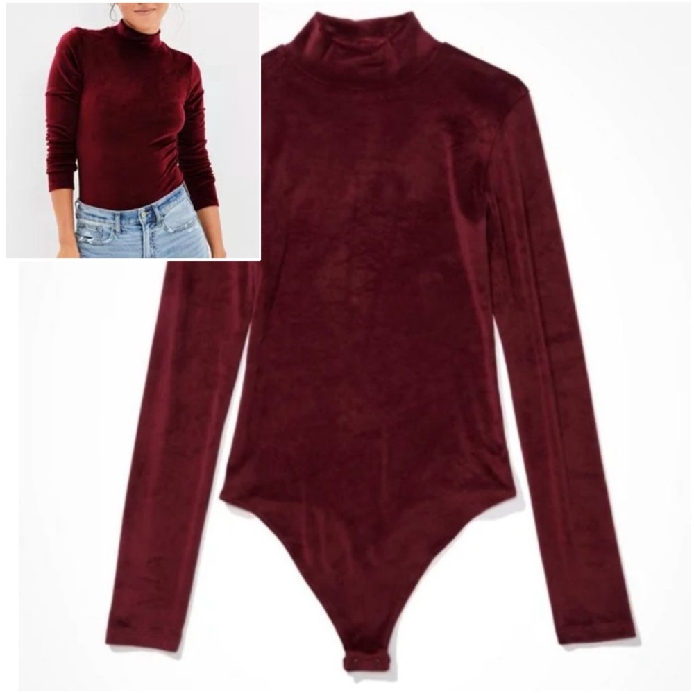 AE Velvet Burgundy Long Sleeve Bodysuit Thong Mock Neck Turtleneck Size Large